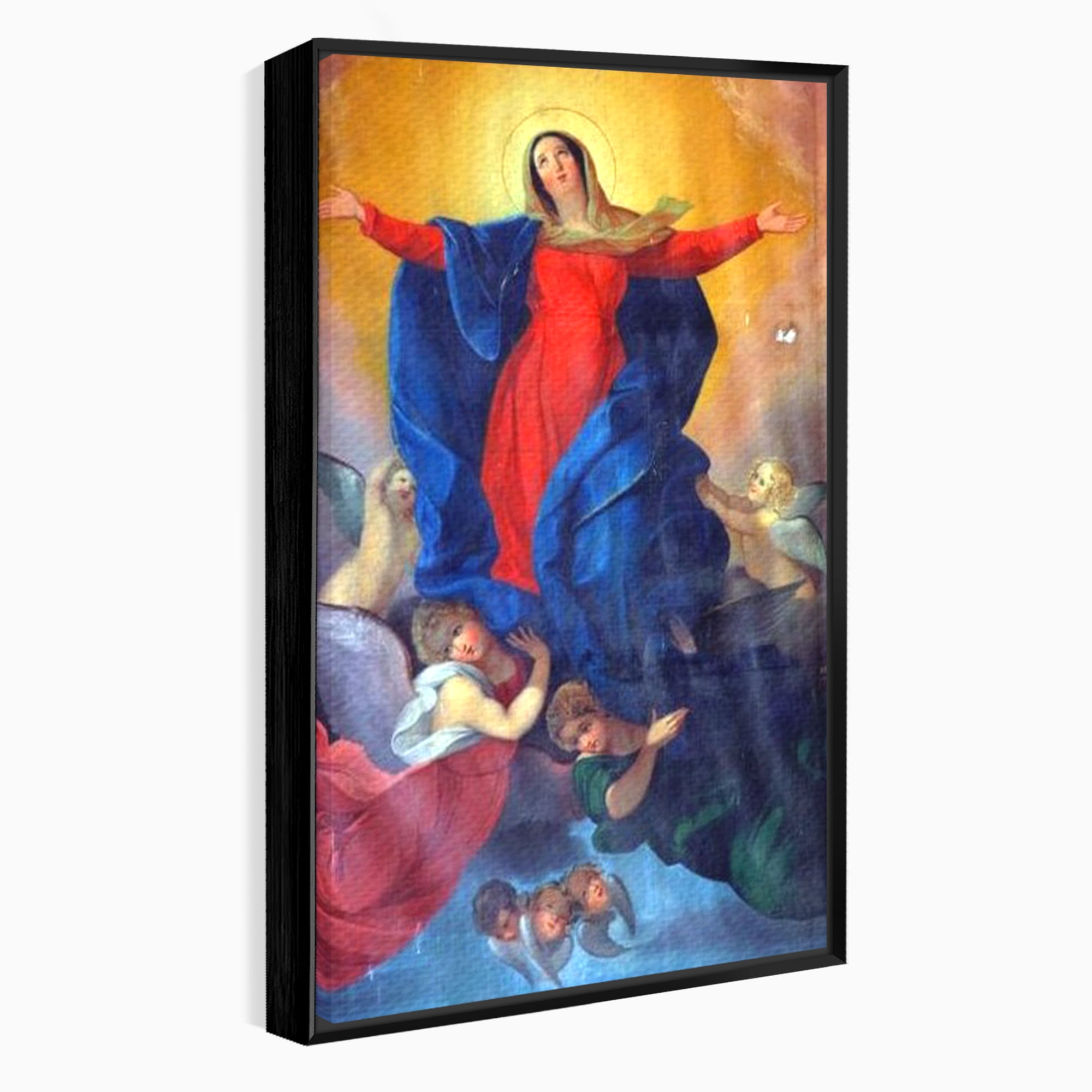 Tablou canvas cu tablou canvas cu fecioara si ingeri, in rama de aluminiu negru